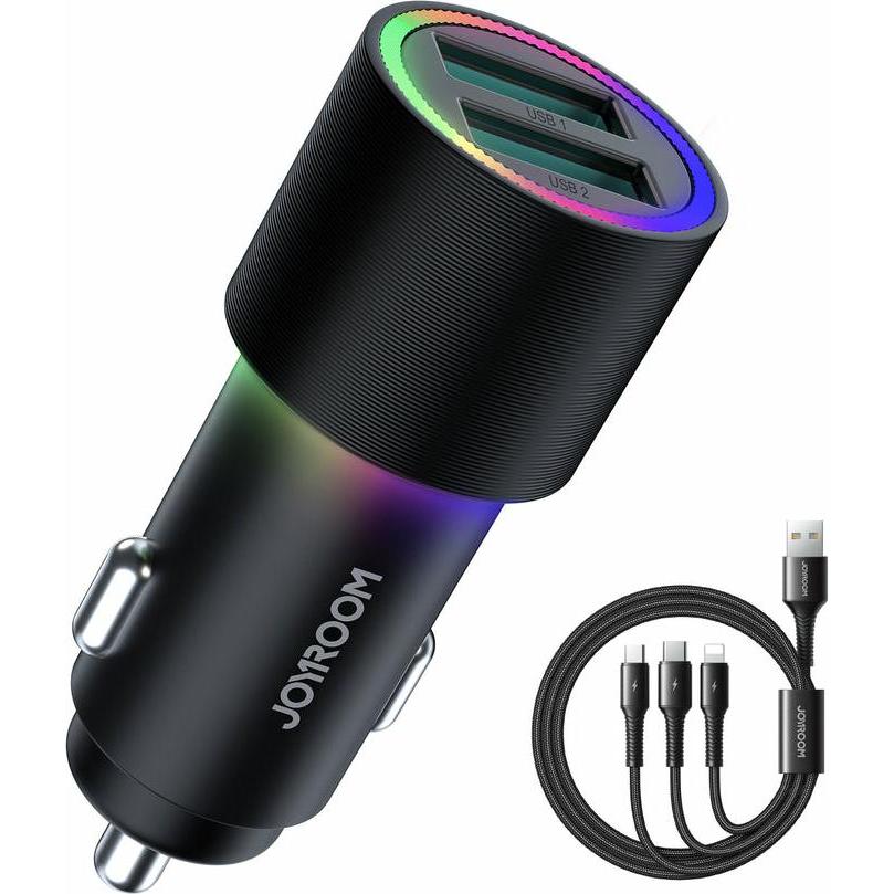 Joyroom car charger 2 x USB with backlight 24W + power cord 3in1 USB Type C, Auto Adapter, Schwarz
