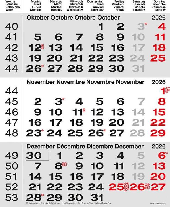 3-Monats-Kalender grau 2026 (31 x 40 cm, Kein Einband, Französisch, Deutsch)
