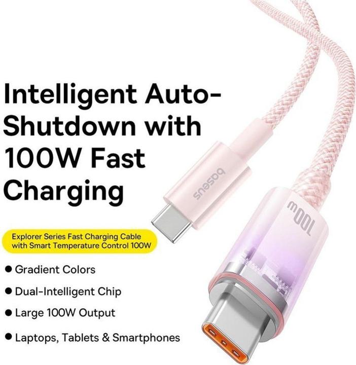 Image du produit Baseus Cable cabel Type C to Type C PD 6A 100W Explorer P10319703411-00 / CB000043 1 m pink (1 m, 100 W)