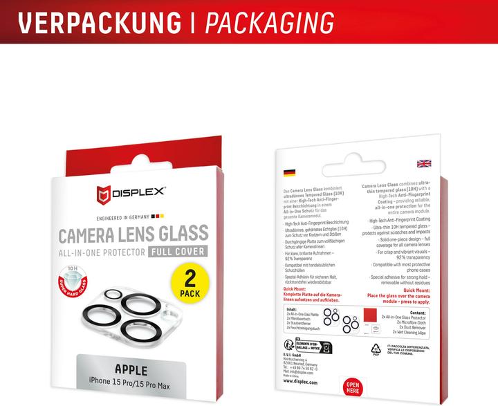 Produktbild Displex Full Cover Camera Lens Glass, Kamera Schutzglas, Platte, Doppelpack (2 Stück, Apple iPhone 15 Pro, Apple iPhone 15 Pro Max)