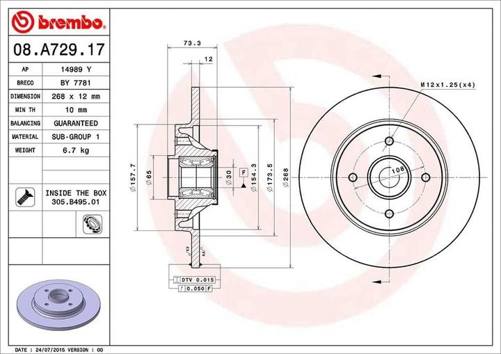 Actual product image LUK Brembo 08.A729.17 Bearing Disc Line remschijf - 1 stuk