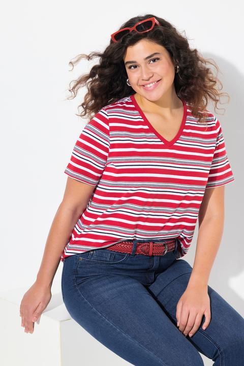 Actual product image Ulla Popken Colorful Striped Short Sleeve V-Neck Tee (56)