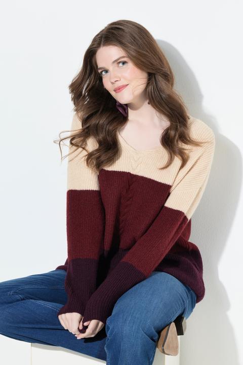 Actual product image Ulla Popken Cable Knit Block Stripe V-Neck Sweater (58)