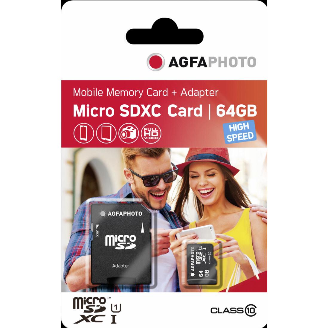 Thumbnail - AGFAPHOTO MicroSDXC UHS-I 64GB High Speed Class 10 U1 + Adapter (64 GB, microSDXC, U1, UHS-I), Speicherkarte, Schwarz