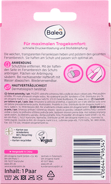 Valeurs nutritives et ingrédients dm Balea coussinets en gel au talon (Réduire la pression)
