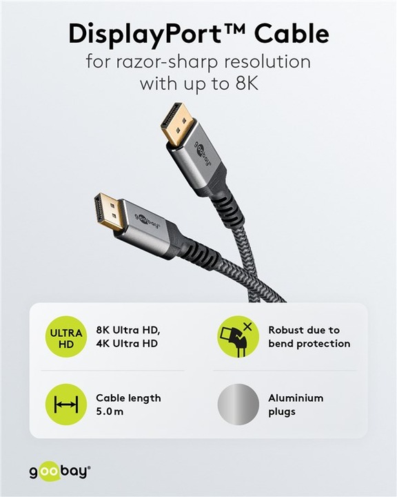 Productafbeelding Goobay DisplayPort-kabel, DP 1.4, 5 m, Sharkskin grijs (5 m, DisplayPort)