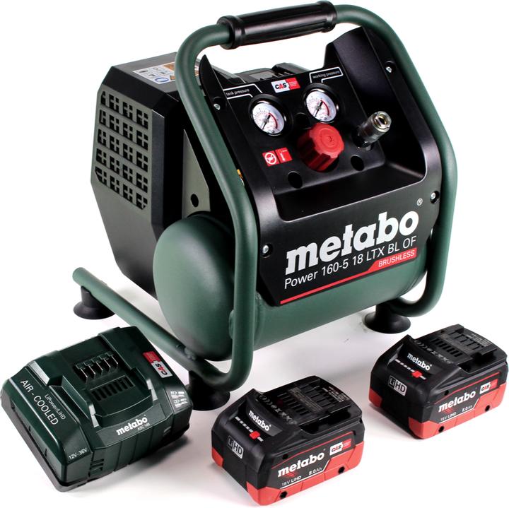 1x Metabo Power 160-5 18 LTX BL OF Akku-Kompressor, 2x Metabo LiHD 8,0 Ah Akkupack, 1x Metabo ASC 145 Ladegerät, 1x Universal-Schnellkupplung