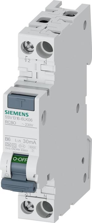 Produktbild Siemens 5SV1316-6LK06 1TE 1P+N 6kA Typ A (K) 30mA B6 FI/LS-Schalter