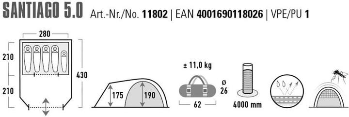 Productafbeelding High Peak Koepeltent Santiago 5.0 lichtgrijs-donkergrijs-groen (Koepeltent, 11 kg, 5 personen)
