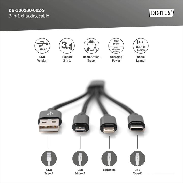 Produktbild Digitus 3-in-1 Ladekabel (0.15 m, USB 3.2 Gen 1)