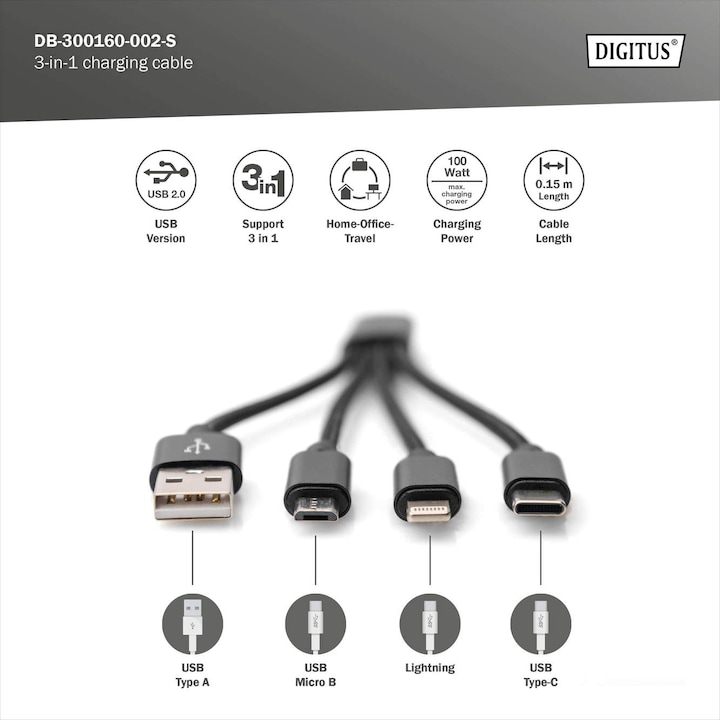 Immagine prodotto Digitus Cavo di ricarica 3 in 1, USB A - Fulmine + Micro USB + Tipo-C (0.15 m, USB 3.2 Gen 1)