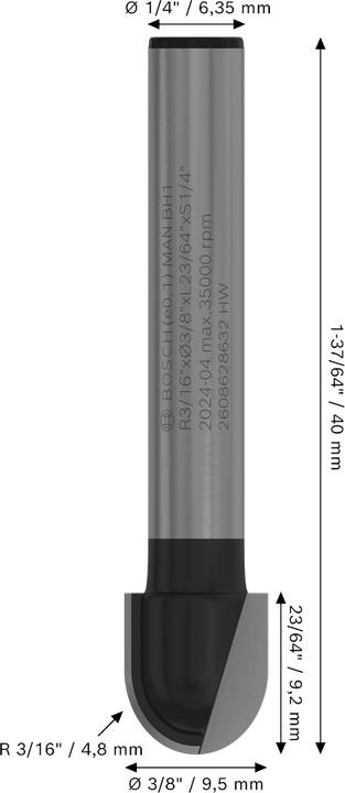 Produktbild Bosch Professional Zubehör Hohlkehlfräser, 1/4-Zoll, R1 4,7 mm, D 9,5 mm, L 9,2 mm, G 45 mm