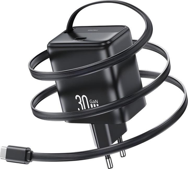 Image du produit Usams Ład. siec. 1xUSB-C ze zwijanym kablem USB-C Retractable PD+QC 30W Gan Fast Charging czarny/bla (30 W)