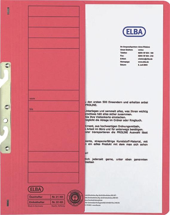 Productafbeelding Elba Kartonnen inhaakmap, rood, commercieel nieten, halve voorkant, verpakt per 50 stuks. (A4, 50 x)