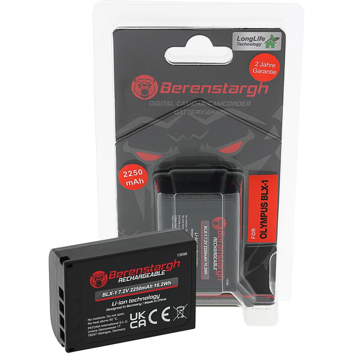 Berenstargh Akku f. Olympus BLX-1 OM-1 (Batteria della fotocamera), Alimentatore fotocamera, Nero