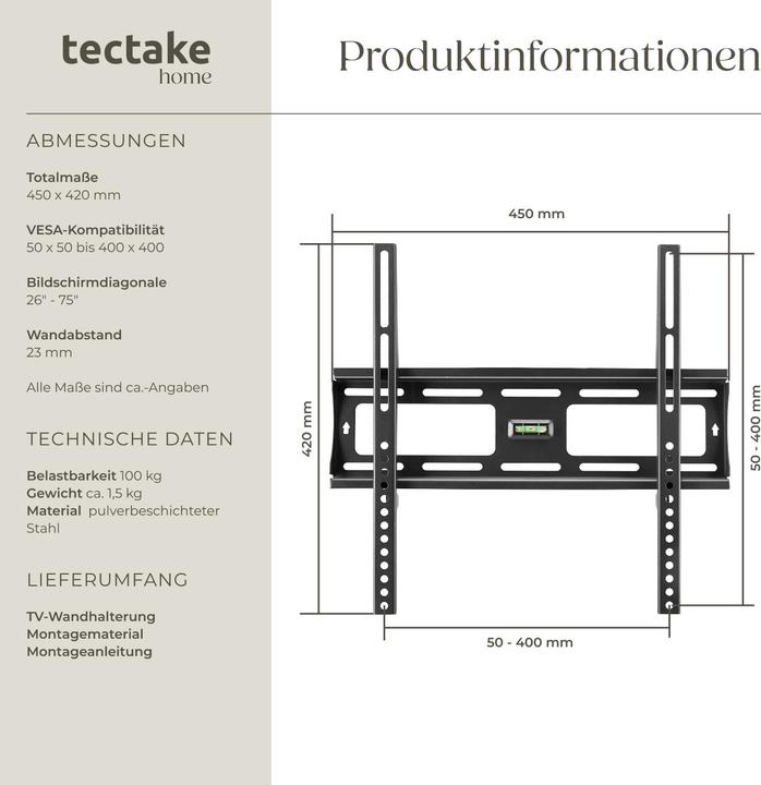 Image du produit tectake Support TV mural (Mur, 55", 90 kg)