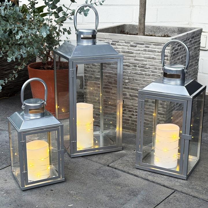Produktbild Mojawo 3er Gartenlaternen Laternen Metall Windlicht Silber H24/33/41cm