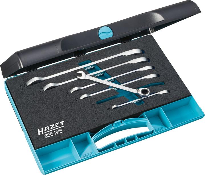 Produktbild HAZET Knarren Ring-Maulschlüssel Satz 606N/6 ∙ Aussen Doppel-Sechskant-Tractionsprofil ∙ 8 - 19 ∙ An… (10 mm, 12 mm, 13 mm, 17 mm, 19 mm, 8 mm)