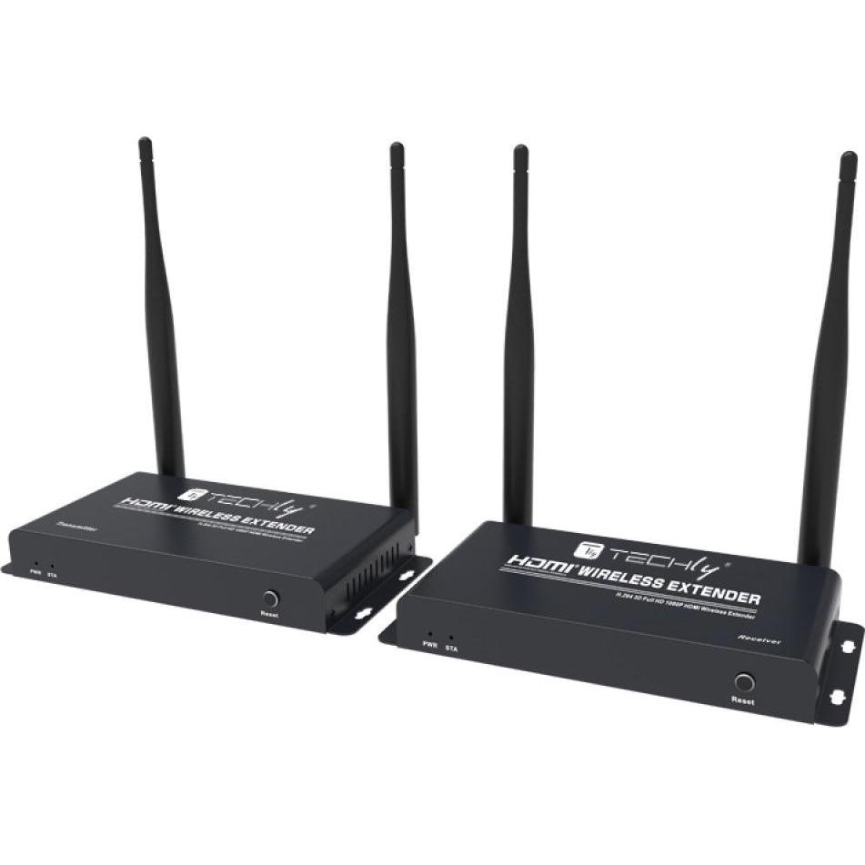 Techly Wireless Kit HDMI Extender (200 m, HDCP 1.2), Wireless Transmitter, Schwarz