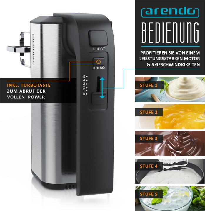 Produktbild Arendo Handmixer, Handrührgerät, 5 Geschwindigkeiten, inkl. 2 Rührbesen & 2 Knethaken, Handrührer 350 W (350 W)