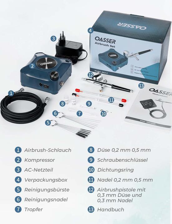 Actual product image Oasser Airbrush Set mit Kompressor, Double Action-Airbrush-Pistole und Zubehör