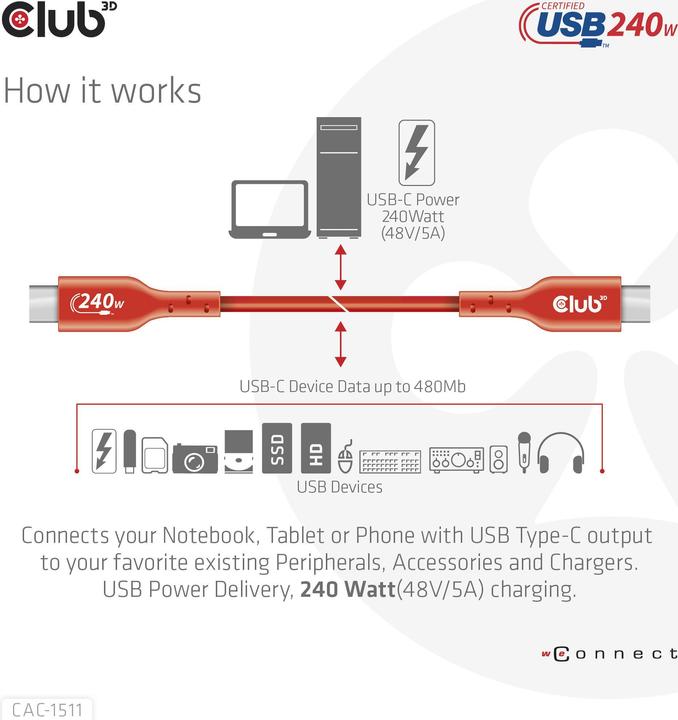 Image du produit Club 3D Club3D Câble USB 2 Type C PD 240W / 480Mb 4m St/St retail (4 m, USB 2.0, 240 W)