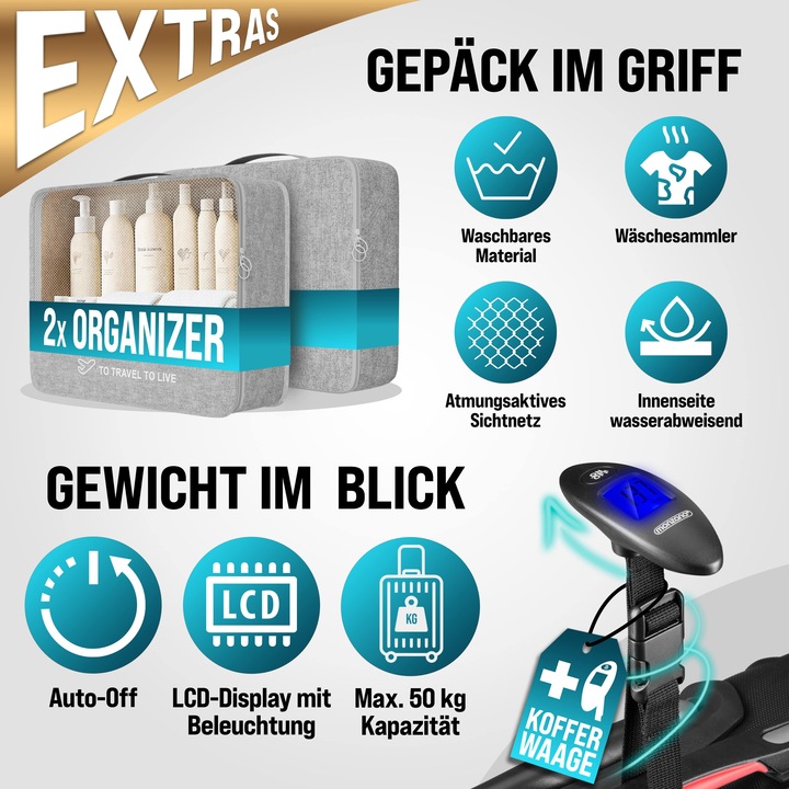 Produktbild Monzana Hartschalenkoffer mit Zubehör 4er Set (M (50 - 90l))