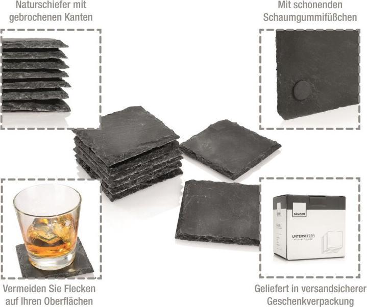 Actual product image Sänger Geschirr Slate coaster set, 8 modern slate glass coasters, 10x10 cm (8 x)