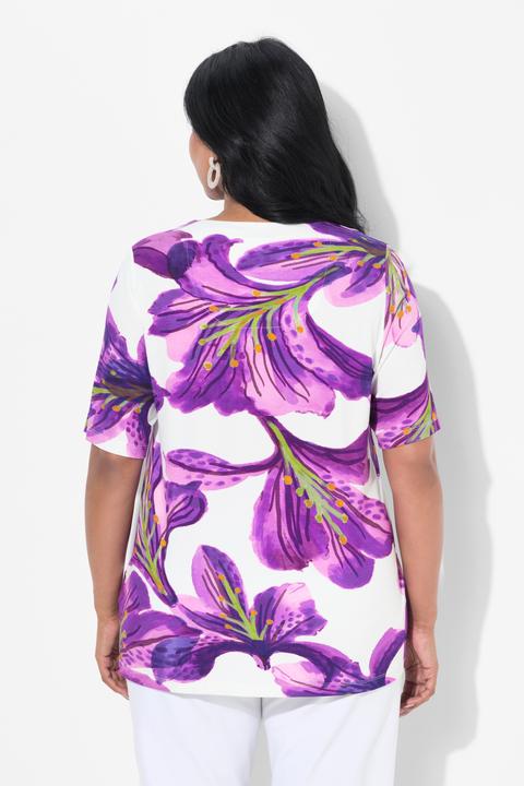 Image du produit Ulla Popken T-shirt à fleurs, décolleté en V et manches courtes, coupe Classic Fit (46, 48)