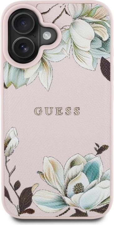 Actual product image Guess Grained Printed Flower Pattern MagSafe iPhone 16 Case Pink (Apple iPhone 16)