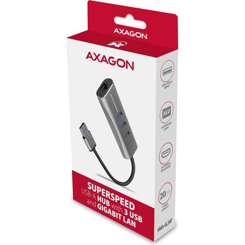Thumbnail - Axagon HUB USB 1x RJ-45 + 3x USB-A 3.2 Gen1 (HMA-GL3AP) (USB-A), Dockingstation + USB Hub, Silber
