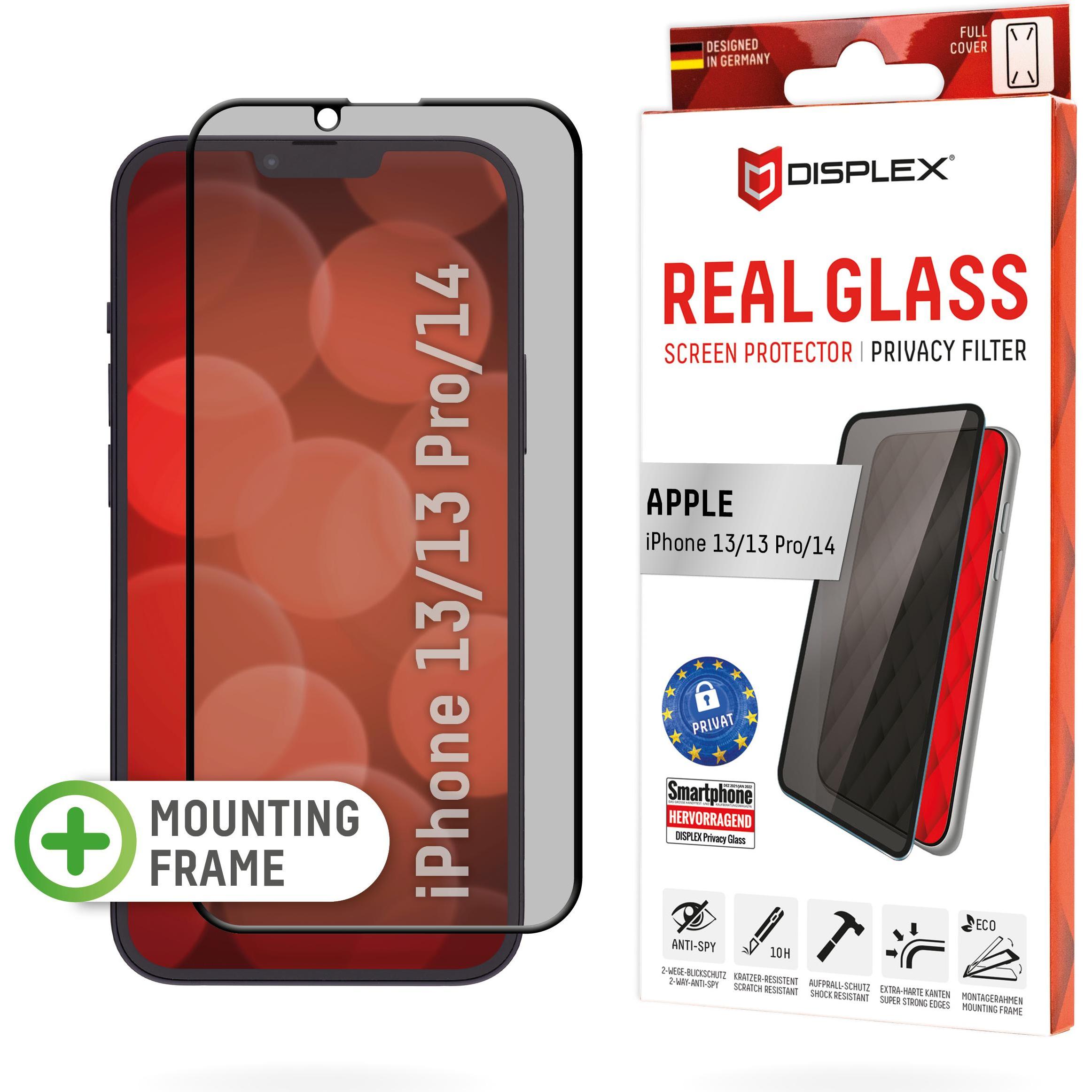 Displex Real Glass, Privacy Full Cover Panzerglas (1 Stück, Apple iPhone 13), Smartphone Schutzfolie, Transparent