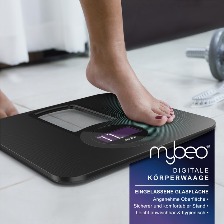 Produktbild Mybeo Digitale Körperwaage, Badezimmer Waage mit 6 mm Sicherheitsglas, Glas Personenwaage mit LCD Anzeige (150 kg)