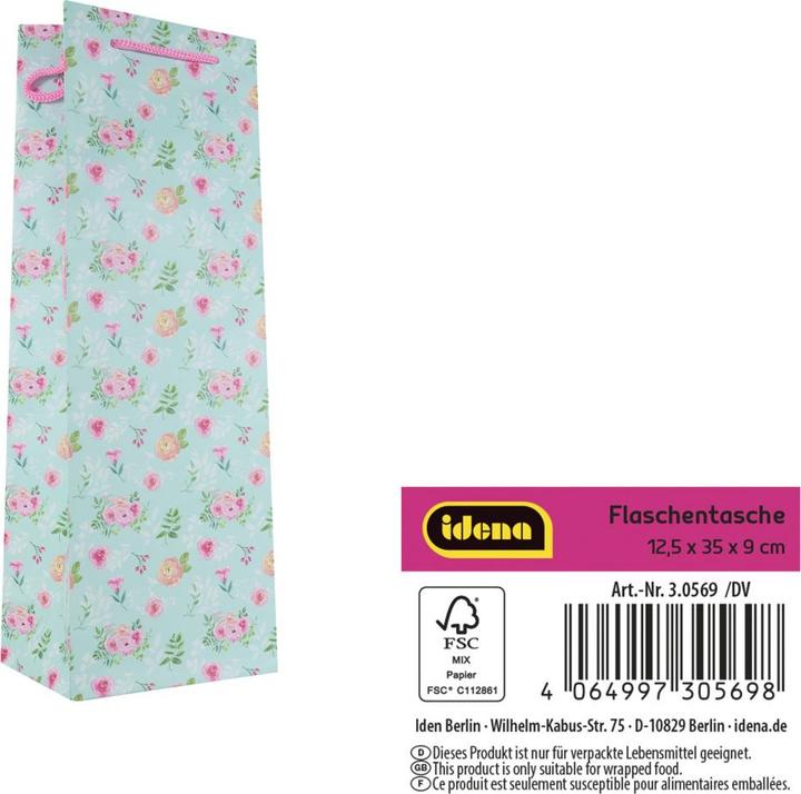 Produktbild Idena Flaschentasche Blumen Kraftpapier 140g/m² blau 12,5x35x9cm