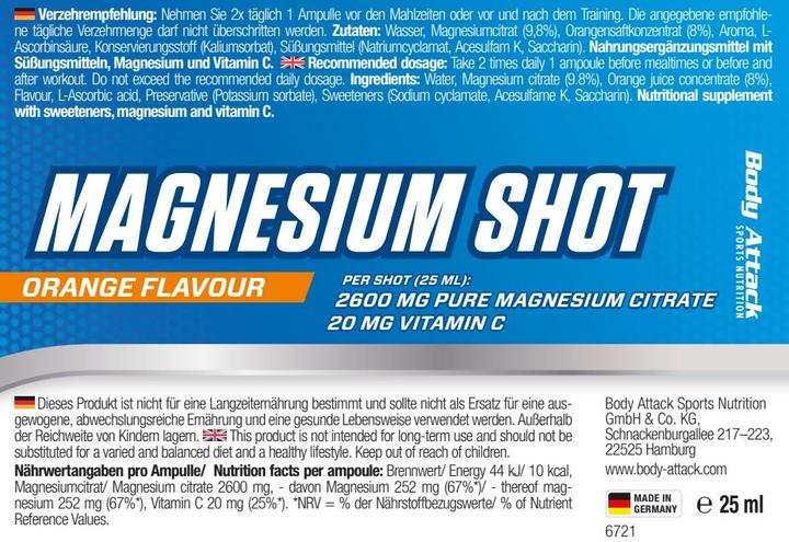 Nutritional values and ingredients Body Attack Magnesium Shots 500ml (20 shots) (Orange, 20 x)