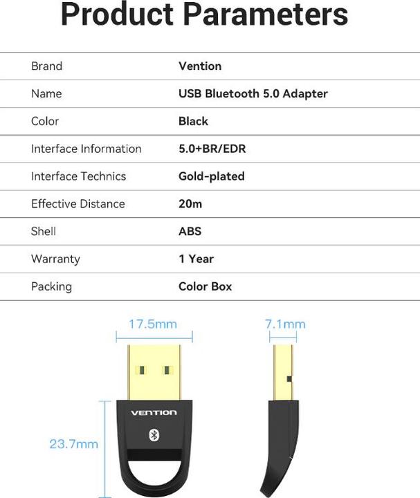 Image du produit Vention Adaptateur USB Bluetooth 5.0 CDSB0 (black) (Emetteur & Récepteur)