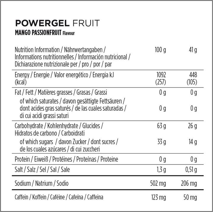 Nutritional values and ingredients Powerbar PowerGel Multiflavour Box (Lemon, Sweet lime, Raspberry, Pomegranate, Green Apple, Mango, Caffeine, Passion fruit, 12 pcs., 492 g)