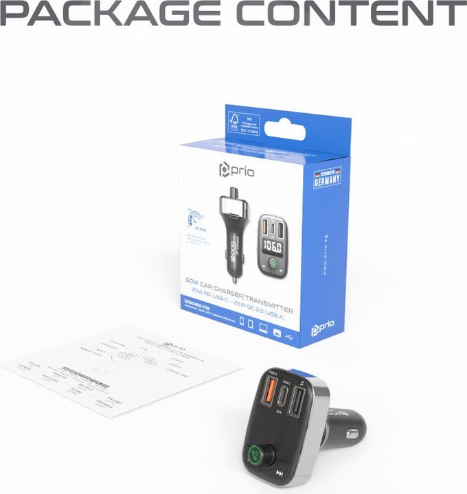 Actual product image prio Fast Charge Car Charger 50W (USB C + USB A) & Transmitter (BT/FM) black