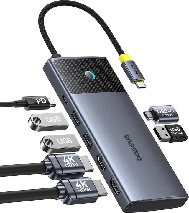 Actual product image Baseus HUB Metal Gleam Series II 7in1 USB-C - USB-C PD100W / 2x USB-A / 2x HDMI 4K / USB-A 3.0 / USB (USB-C, 7 ports)