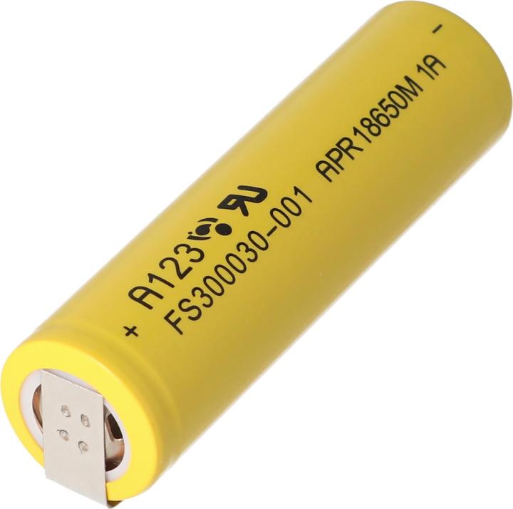 Actual product image A123 Systems A123 APR18650M-A1 1100mAh 3,2V - 3,3V LiFePo4 Akku mit Lötfahne U-Form (1 pcs., 18650, 1100 mAh)