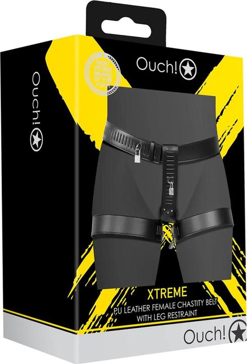 Ouch! PU Leather Female Chastity Belt with Leg Restraint - Black
