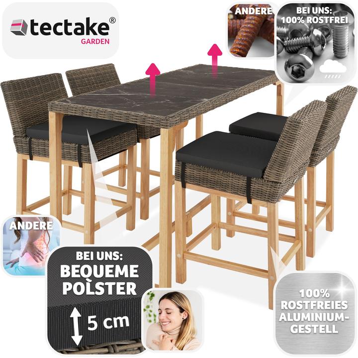 Produktbild tectake Rattan Bartisch Lovas mit 4 Stühlen Latina (161 x 64.50 x 99.50 cm)