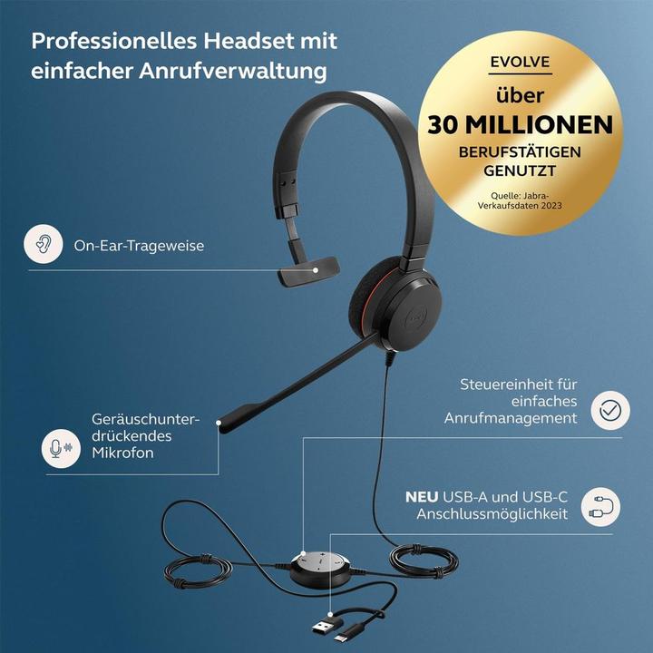 Actual product image Jabra Evolve 20 (Cable, USB-A, USB-C, Alcatel-Lucent, Avaya, Cisco, Microsoft teams, Unify)