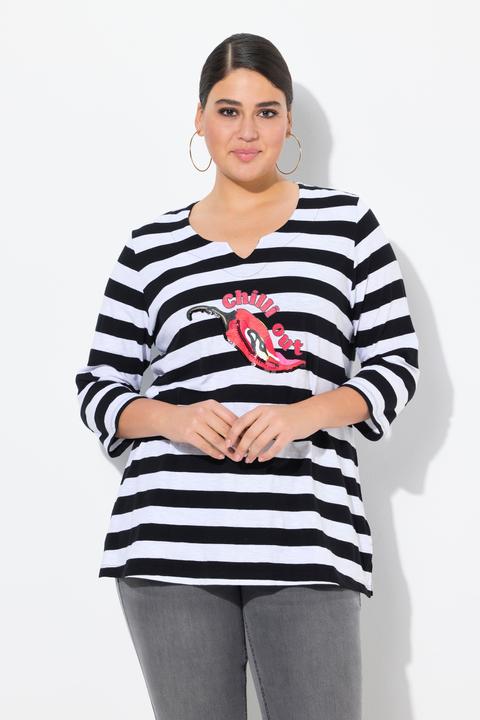 Produktbild Ulla Popken Shirt, Ringel, verzierte Peperoni, Classic, V-Ausschnitt, 3/4-Arm (46, 48)