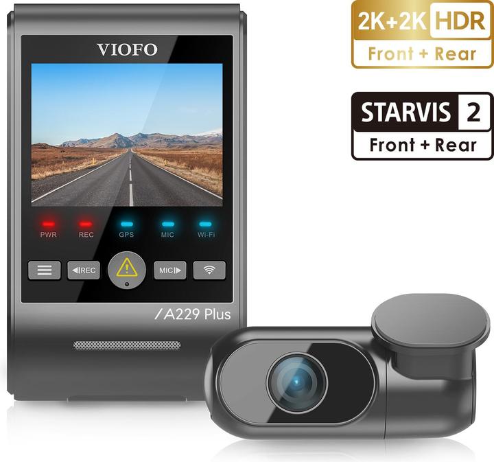 Image du produit Viofo A229 Plus 2CH - Double caméra de recul (Microphone intégré, Récepteur GPS, Écran intégré, Bluetooth, Accéléromètre, Vision nocturne, 2K)