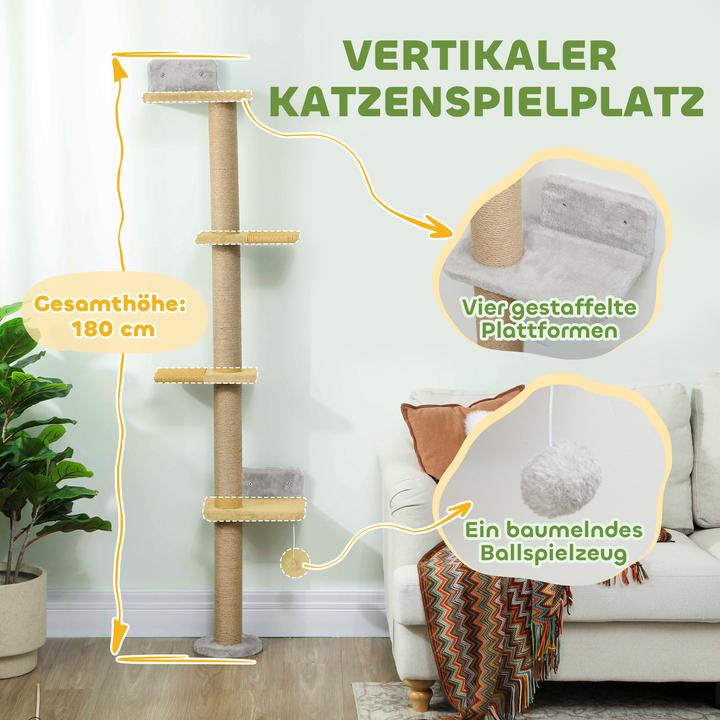 Produktbild PawHut Kratzbaum Polyester, Spanplatte Hellgrau (180 cm, Hellgrau)