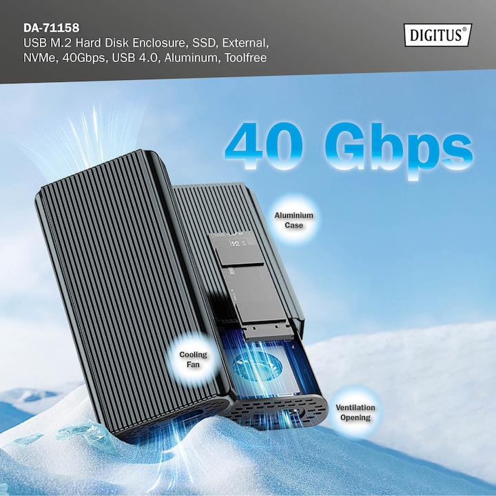 Produktbild Digitus USB M.2 Festplattengehäuse, SDD, extern, NVMe, 40Gbps, USB 4.0, Aluminium, toolfree (M.2)