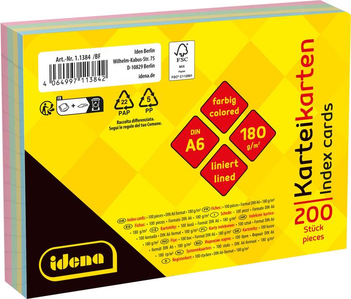 Image du produit Idena Karteikarten liniert 180g/m² DIN A6 200 Stück 4fach sortiert (A6, 200x, 180 g/m²)