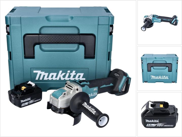 1x Makita DGA 521 cordless angle grinder, 1x additional handle (158237-4), 1x protective cover (347618-9), 1x Makita BL 1850 B 18 V 5.0 Ah battery, 1x Makita Makpac case, 1x matching insert, without charger