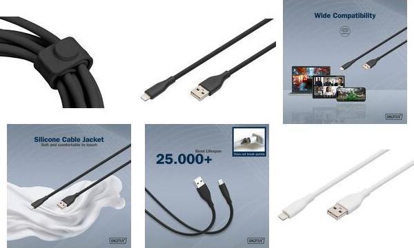 Actual product image Digitus Lightning silicone connection cable, USB-A - Lightning 1m, white (1 m, USB 2.0, 12 W)